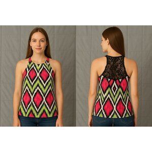 Maringue Womens Sleeveless Multicolor Zigzag Blouse With Lace Top XS